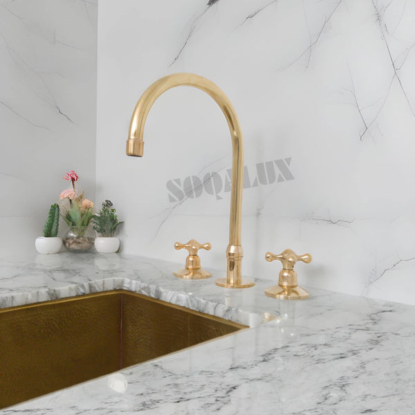 Antique Brass Bathroom 3 Holes Faucet, Vanity Sink Faucet, Deck Mount Mixer, Unlacquered Brass Faucet