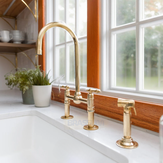 Solid Brass Bridge Kitchen Faucet with Side Sprayer