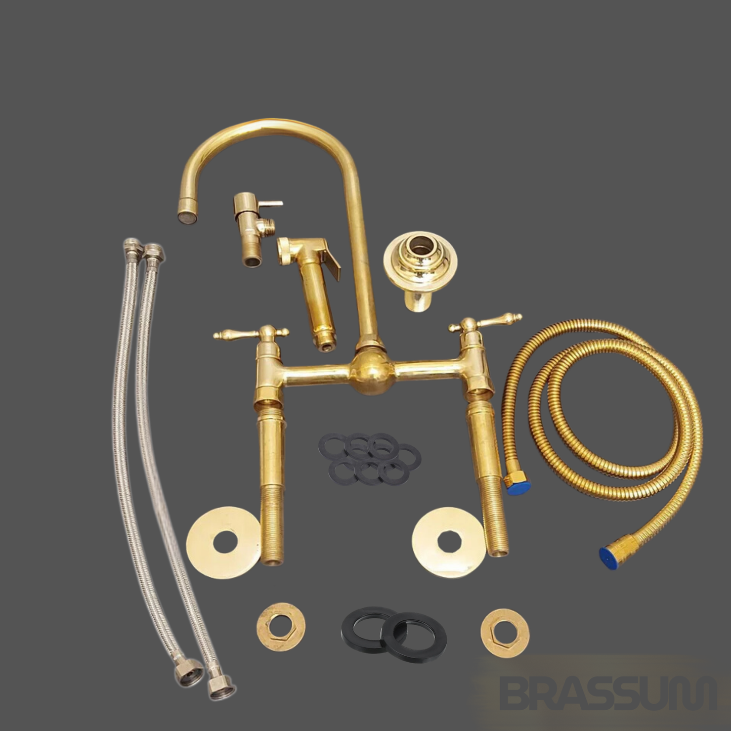 Solid Brass Bridge Kitchen Faucet with Side Sprayer