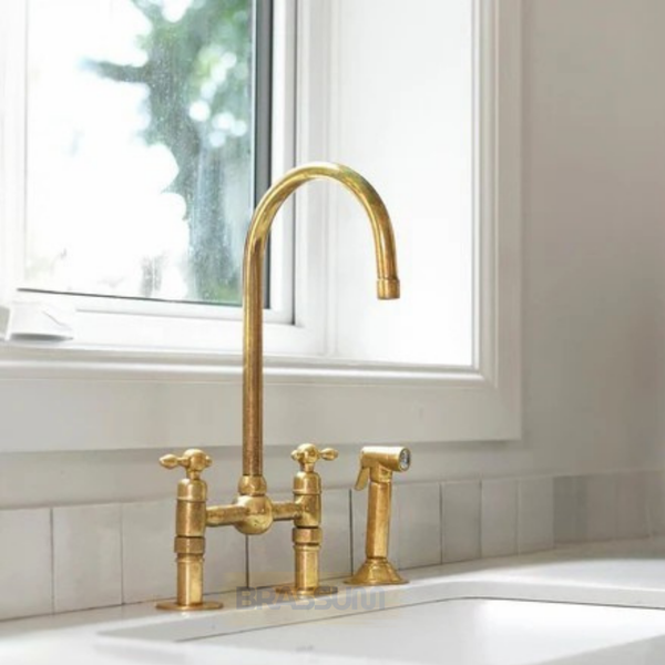 Solid Brass Bridge Kitchen Faucet with Dual Handles And Side Sprayer – Unlacquered Finish