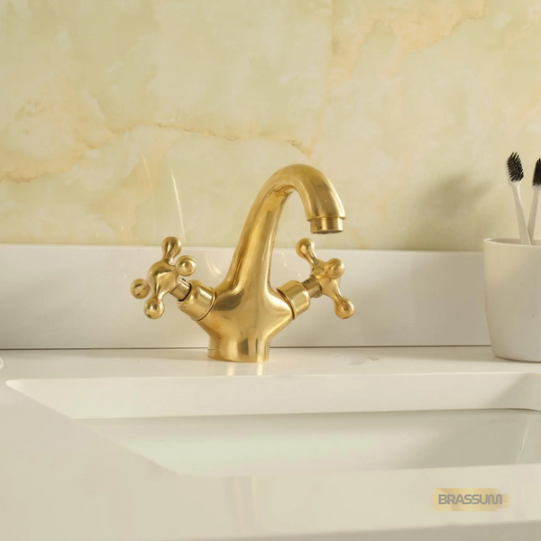 Unlacquered Brass Bathroom Faucet – Single Hole Deck Mount Sink Tap with Cross Handles