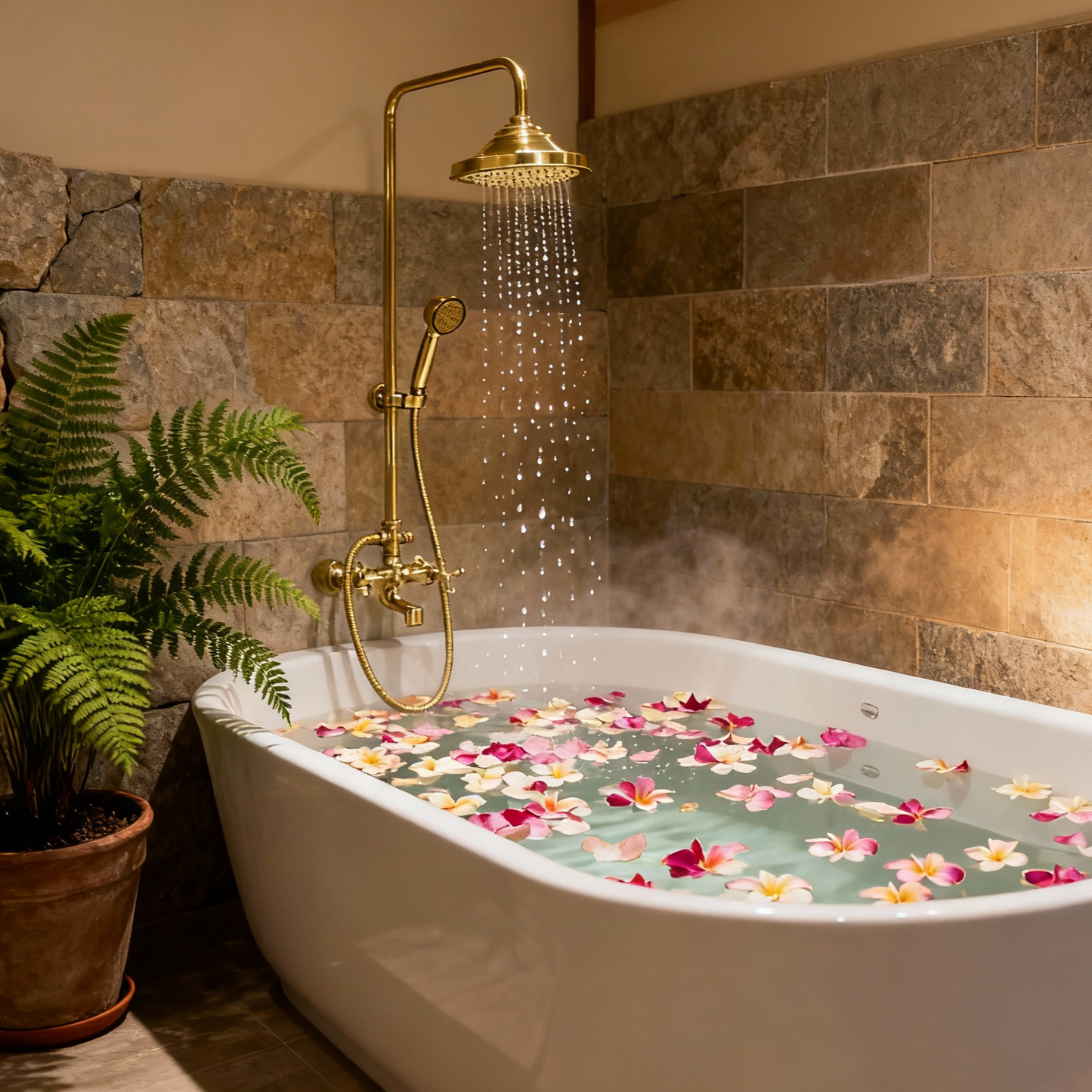 Unlacquered Brass Shower With Tub Filler And Handheld