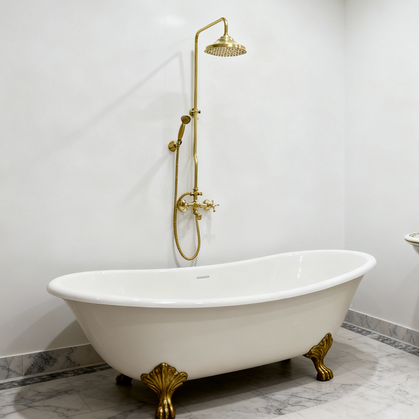 Unlacquered Brass Shower System with Tub Filler and Handheld Shower