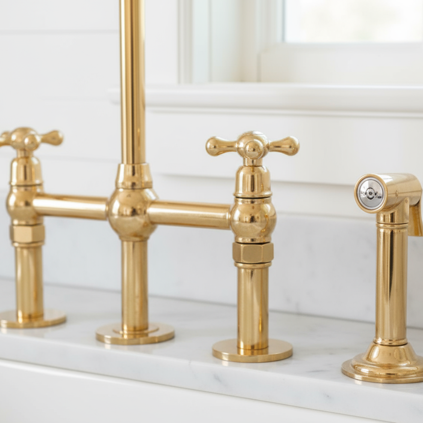 Gold faucet set on a marble countertop with a white wall background