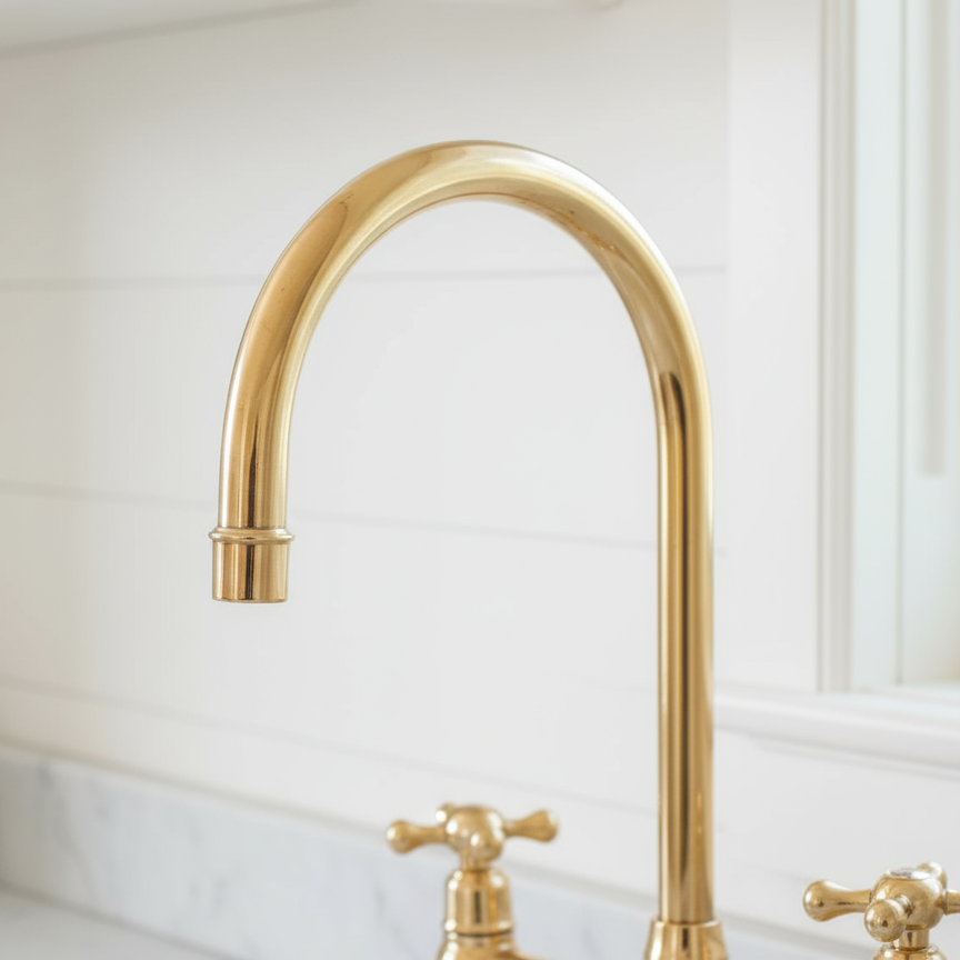 Gold kitchen spout faucet on a white countertop 