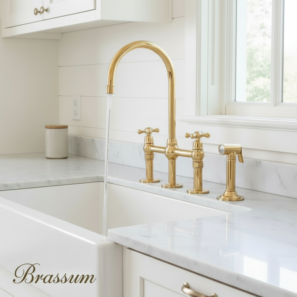 Kitchen with white cabinets, marble countertop, and gold faucet.