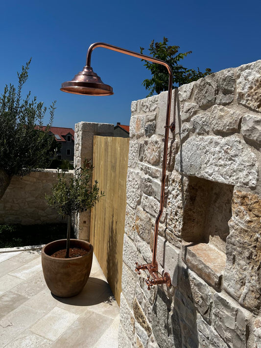 Unlacquered Solid Copper Outdoor Shower — Wall-Mounted Style